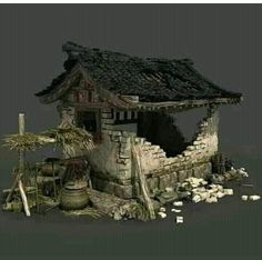 an old stone house surrounded by rubble and other debris on a gray background with no people around it