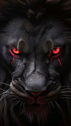 a black lion with red eyes and long hair is looking at the camera while it's close up