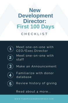 the new development director's checklist is shown in blue and white with text