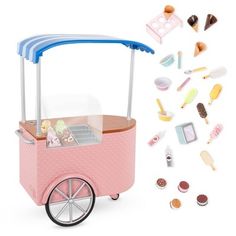 a pink ice cream cart with lots of treats