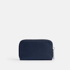 A modern minimalist design this convenient small card case is crafted of durable scratch-resistant crossgrain leather. Finished with our Signature hardware the slim style unzips to reveal three card slots and two open pockets with space for cash coins receipts and wireless earbuds or small accessories. | Coach Small Zip Around Card Case - Deep Blue Compact Coach Wallet, Zip Card Case Coach, Blue Leather Coach Wallet, Blue Coach Wallets With Card Slots, Blue Wallets With Interior Card Slots For Daily Use, Signature Hardware, Small Cards, Small Accessories, Card Case