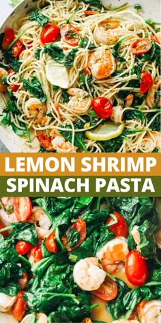 lemon shrimp and spinach pasta with tomatoes in a skillet