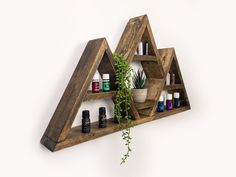 a wooden shelf with bottles and plants in it on top of a white wall next to a potted plant