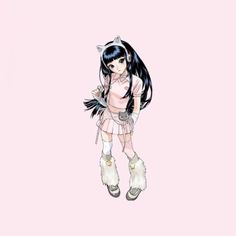 an anime character with long black hair and cat ears, standing in front of a pink background