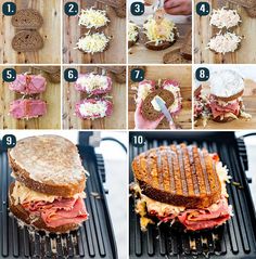 the steps to making a sandwich are shown in several different ways, including being grilled