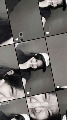 multiple pictures of a woman with long black hair smiling and holding her hand up to her face