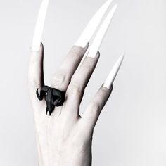 A ram’s skull ring. Brimming with death-power, hope it can serve your rituals well. Occult pitch black 3D printed ring from Rogue & Wolf #rogueandwolf #occult #ring #goth Black Gothic Jewelry, Alternative Fashion Jewelry, 3d Printed Ring, Witch Accessories, 3d Printing Fashion, Ram Skull, Long Ring, Transparent Nails, Printed Fashion