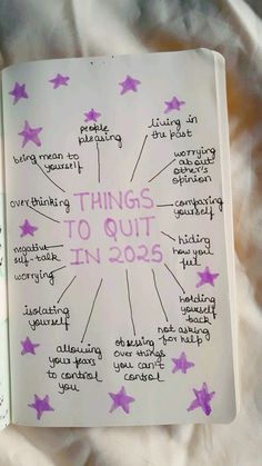 an open book with writing on it and stars in the pages that read things to quit in 2013