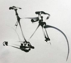 a black and white photo of a bicycle in the air with its front wheel still attached