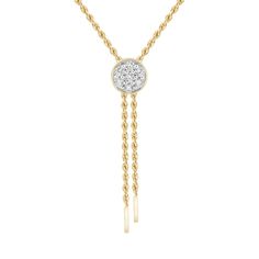 Make your elegant taste in style known with this multi-diamond lariat necklace. 10K gold Features a pair of slender chain dangles suspended beneath a sparkling round diamond composite 1/4 ct. t.w. of diamonds 17.0-inch rope chain necklace; lobster claw clasp Yellow Gold Dangle Lariat Necklace, 14k Yellow Gold Lariat Diamond Necklace, Yellow Gold 14k Diamond Lariat Necklace, Yellow Gold 14k Lariat Diamond Necklace, Yellow Gold Lariat Jewelry With Diamond Accents, Formal Yellow Gold Diamond Lariat Necklace, Formal Yellow Gold Round Lariat Necklace, Yellow Gold Diamond Lariat Necklace For Anniversary, Yellow Gold Round Lariat Necklace