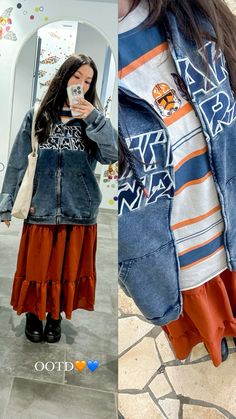 a woman taking a selfie while wearing an orange skirt and denim jacket with the words croo written on it