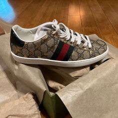 My Loss Is Your Gain! Gucci Ave Sneaker. Purchased For Christmas And Missed The Return Window. They Are Too Big, In My Opinion, For A Size 6.5z Selling For Cost Pre-Tax, $720. Gucci Sneakers With Logo And Round Toe, Luxury Gucci Sneakers With Logo, Gucci Leather Sneakers With Logo, Gucci Custom Lace-up Sneakers With Logo Print, Gucci Ace Sneakers, Fashion Shoes Heels, Gucci Shoes, Womens Shoes Sneakers, Shoes Sneakers