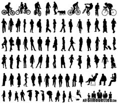 the silhouettes of people and bicycles are shown