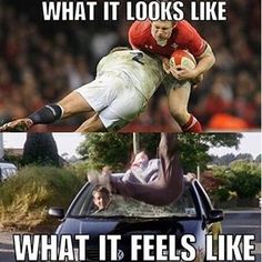 two pictures, one with a rugby player and the other with a car