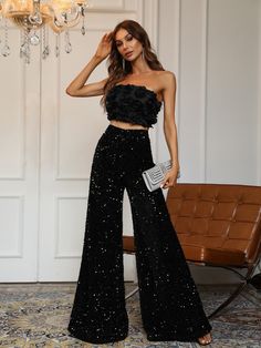 Party Outfit Night, Party Outfit Night Club, Outfit Night Club, Black Sequin Jumpsuit, Sequin Pant, Party Outfits Night, Outfit Night, Sequin Pants, Sequin Jumpsuit