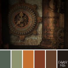 the color scheme is brown, green, and orange with an old clock on it