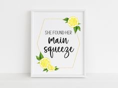 she found her main squeeze framed art print on white wall with yellow lemons and green leaves