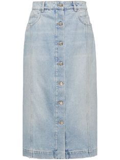 Light blue Made from cotton Light-washed denim High waist Belt loops Front button fastening Classic five pockets Pencil silhouette Straight hem Mid-length Made in Italy Straight Jeans Outfit, Dress Reference, Below The Knee Skirt, Long Jean Skirt, Yellow Belt, Pencil Silhouette, Long Denim Skirt, Latest Skirts, Chanel Perfume