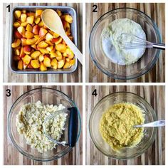 four pictures showing the steps to make peach cobbler cake batter in a glass bowl