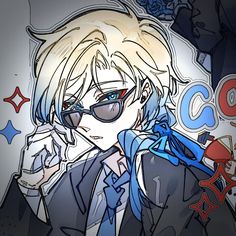 an anime character with glasses and a tie around his neck holding a cell phone to his ear