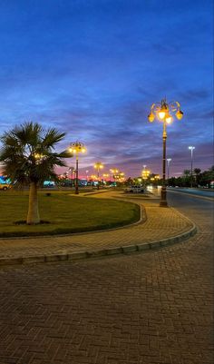 a clock tower sitting on the side of a road next to palm trees and street lights