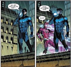 the flash and blue lantern are standing in the rain