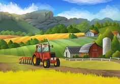 a farm scene with a tractor in the foreground