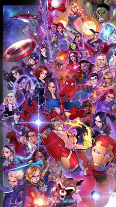 the avengers movie poster is shown with many different characters in various poses and colors, including one