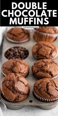 chocolate muffins in a baking pan with text overlay that reads double chocolate muffins