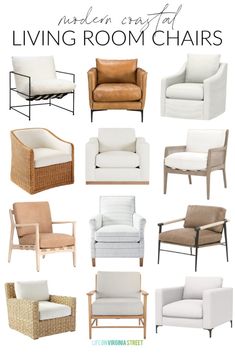 living room chairs with text overlay that says modern coastal living room chairs in white and tan