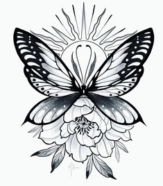 a black and white drawing of a butterfly with flowers on it's back side