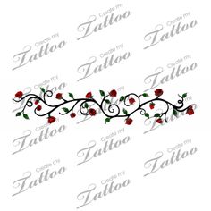 a tattoo design with roses and leaves on the side of it, in red ink