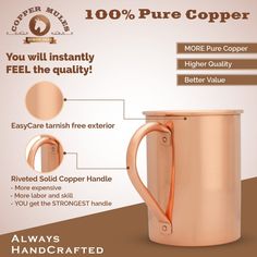 a copper colored coffee mug with the words, you will instantly feel the quality