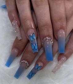 Blue Nails With Butterflies, Blue Ombre Nail Designs, Ombre Nails Blue, Blue Ombre Nail, Nails With Butterflies, Blue Nail Ideas, The Best Nail Designs, Sky Blue Nails, Quinceanera Nails