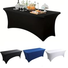 the table is covered with black and white cloths