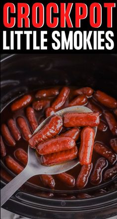 crockpot little smokies in the slow cooker with text overlay