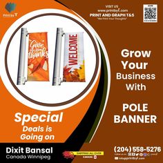 an advertisement for a business with two banners on it and the words, grow your business with