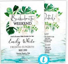 two watercolor wedding program cards with green leaves on the front and back, one is for