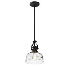 a small glass light fixture hanging from a black ceiling lamp with an industrial style design