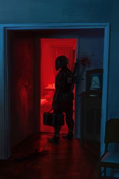 a person in a room with red light coming through the door and holding a suitcase