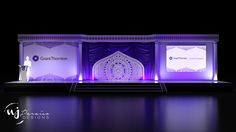 a stage set up with purple lighting for a presentation