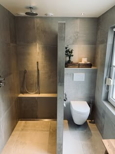 a bathroom with a toilet, shower head and window in the wall next to it