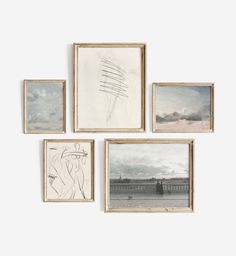 four framed drawings hang on the wall next to each other