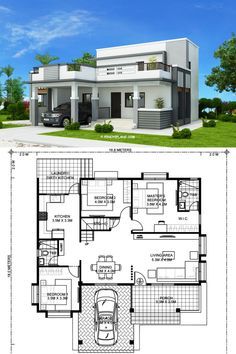 two story house plan with 3 bedroom and 2 bathrooms on each floor, in the middle of