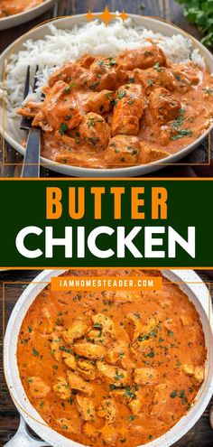 butter chicken in a white bowl with rice and garnished with parsley on the side