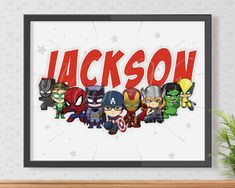 a framed poster with the name jackson surrounded by avengers characters