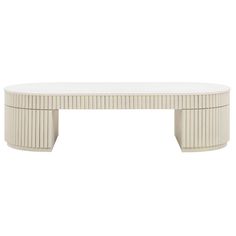 a white coffee table with an oval shaped design on the top and curved legs, in front of a white background