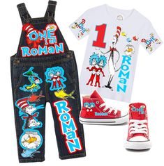 How adorable are these Cat in the Hat Inspired Overalls?! Perfect for your little ones birthday,photoshoot, or special event! You can choose which items you would like from the drop down menu! Checkout our Other Boy items in our shop under the For the Boys section! WE DO NOT EXCEED PAST SIZE 6 *SHOES ARE NOT INCLUDED* If you are unsure of sizing please scroll to the last photos for our size charts, or visit our size charts here--> https://pinktoesnhairbows.com/pages/size-chart All sales are FINA Cat And The Hat Theme Party, Cat In The Hat Birthday Party, Overalls Boys, Tutu Dress Costumes, Pink Toes, Girls Overalls, Kids Birthday Themes, Toy Story Birthday, Cat In The Hat