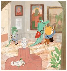 an image of a cartoon scene with dinosaurs in the living room and on the phone