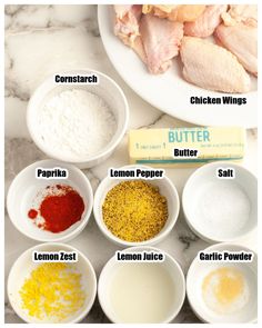 the ingredients for chicken wings are shown in bowls